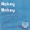 Blue square with Makey Makey with wires and alligator clips layered in backgroudn, Coder Kids icon